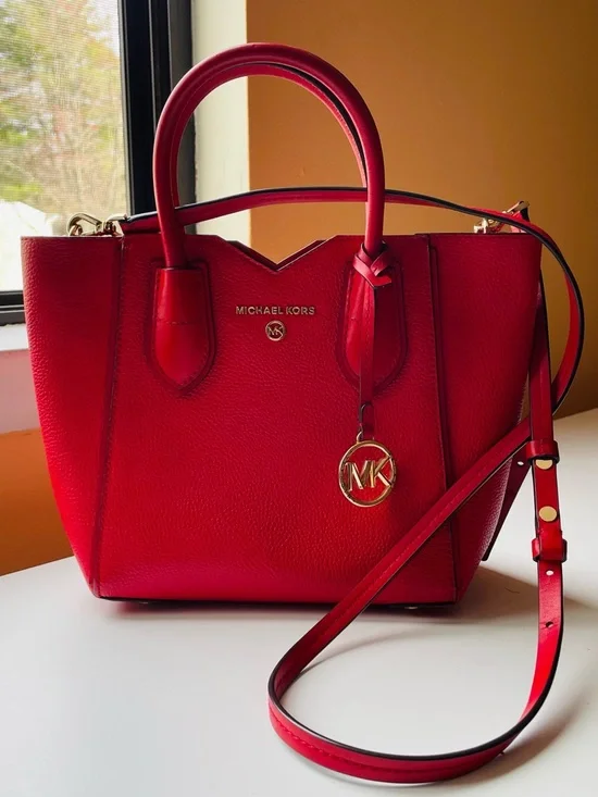 Michael Kors Red Pebbled Leather Satchel with Gold Logo Charm - Picture 2 of 6